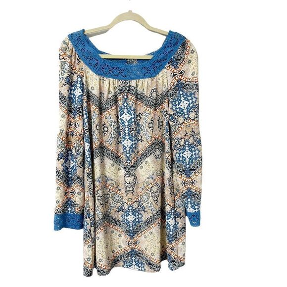 XHILARATION Blue Multi Pattern Peasant Lace Trim Dress with Bell Sleeves Size M - Picture 1 of 8